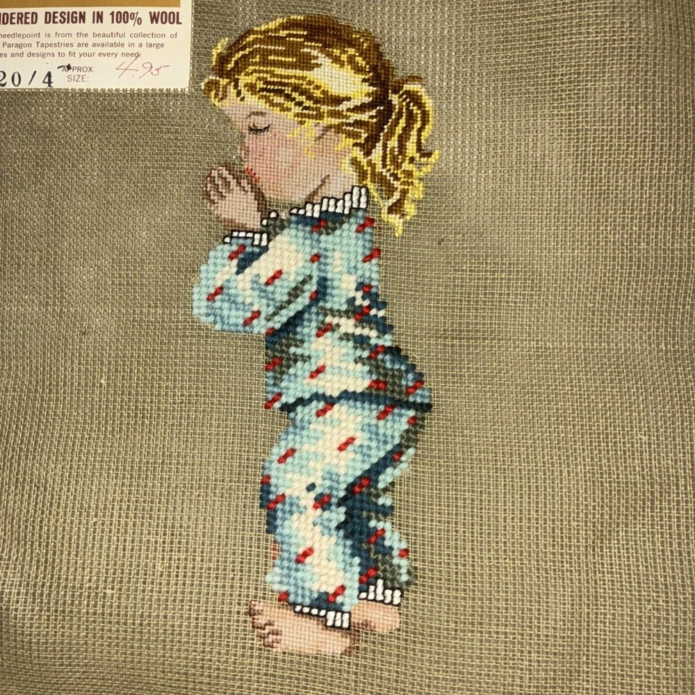 Paragon Needlepoint Tapestry Preworked Praying‎ Boy Girl Bedtime Prayer Vtg NEW